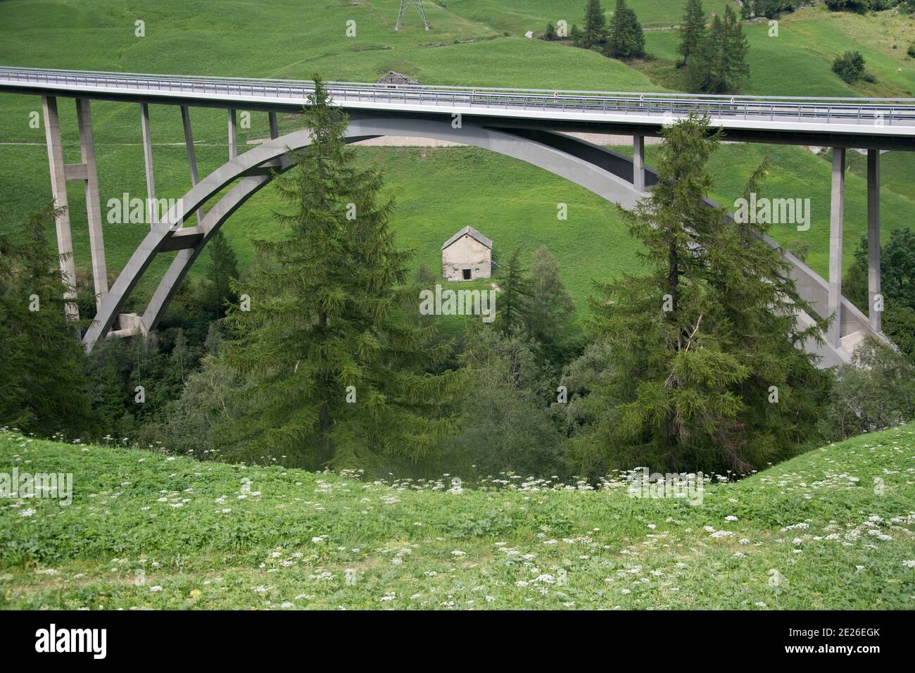 Autobahnbrücke inmitten von Bergwiesen beim Simplonpass im Wallis Stock Photo