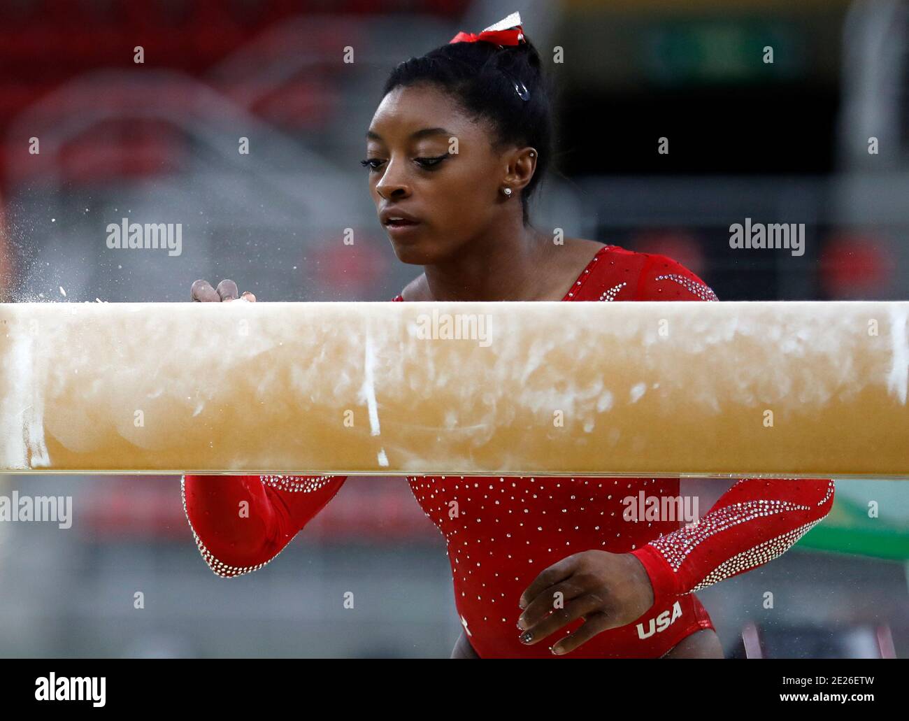 Simone Biles at the Rio 2016 Summer Olympic Games artistic gymnastics. Athlete of team USA performs a training session prior to  the medal competition Stock Photo
