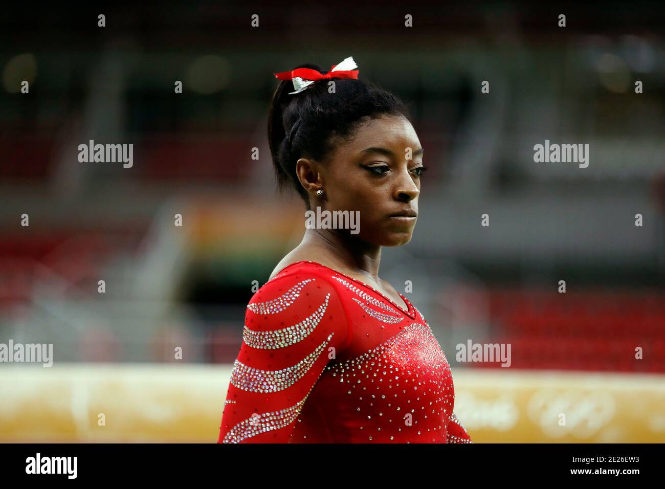 Simone Biles at the Rio 2016 Summer Olympic Games artistic gymnastics. Athlete of team USA performs a training session prior to  the medal competition Stock Photo