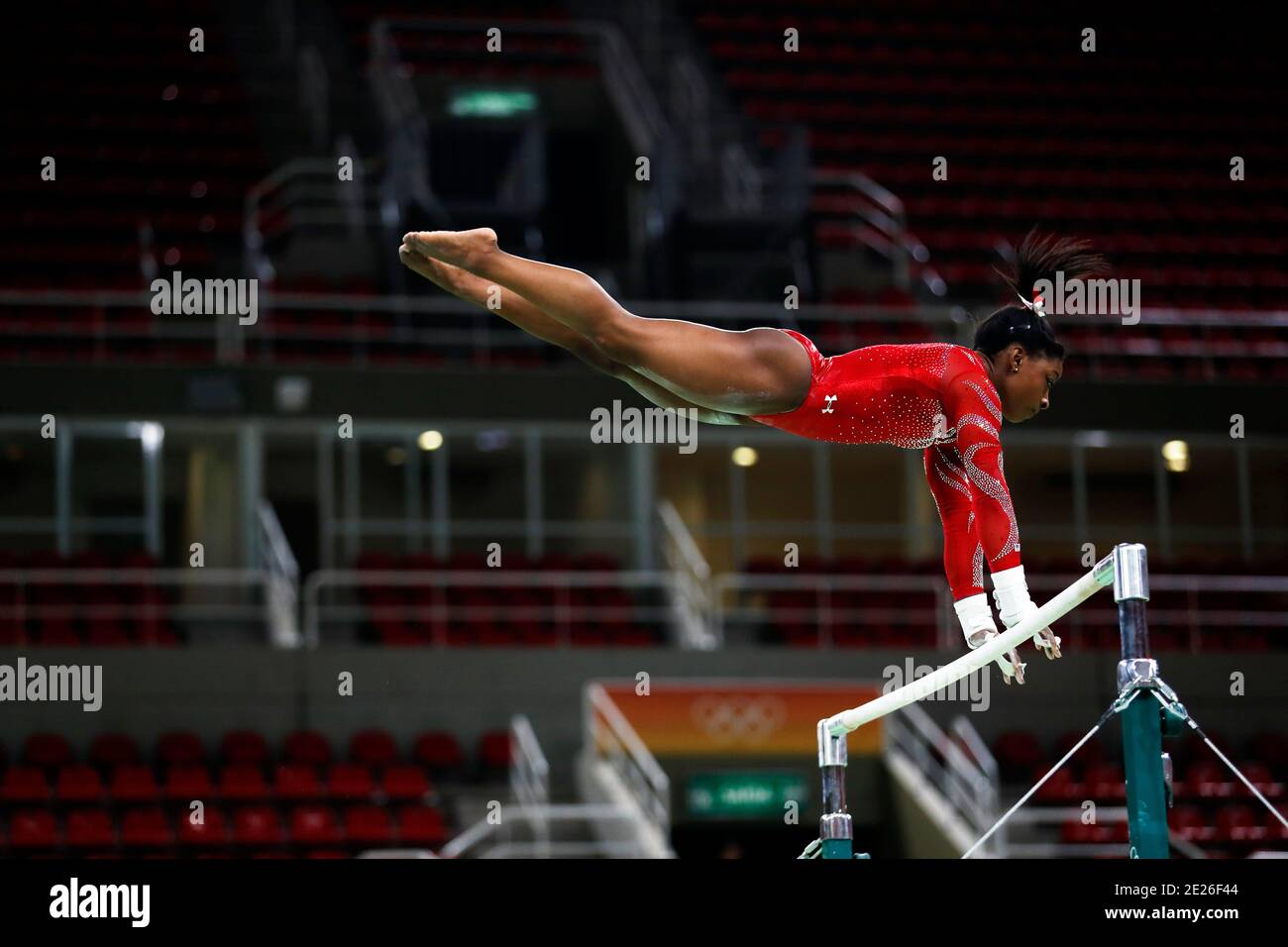 Simone Biles at the Rio 2016 Summer Olympic Games artistic gymnastics. Athlete of team USA performs a training session prior to  the medal competition Stock Photo