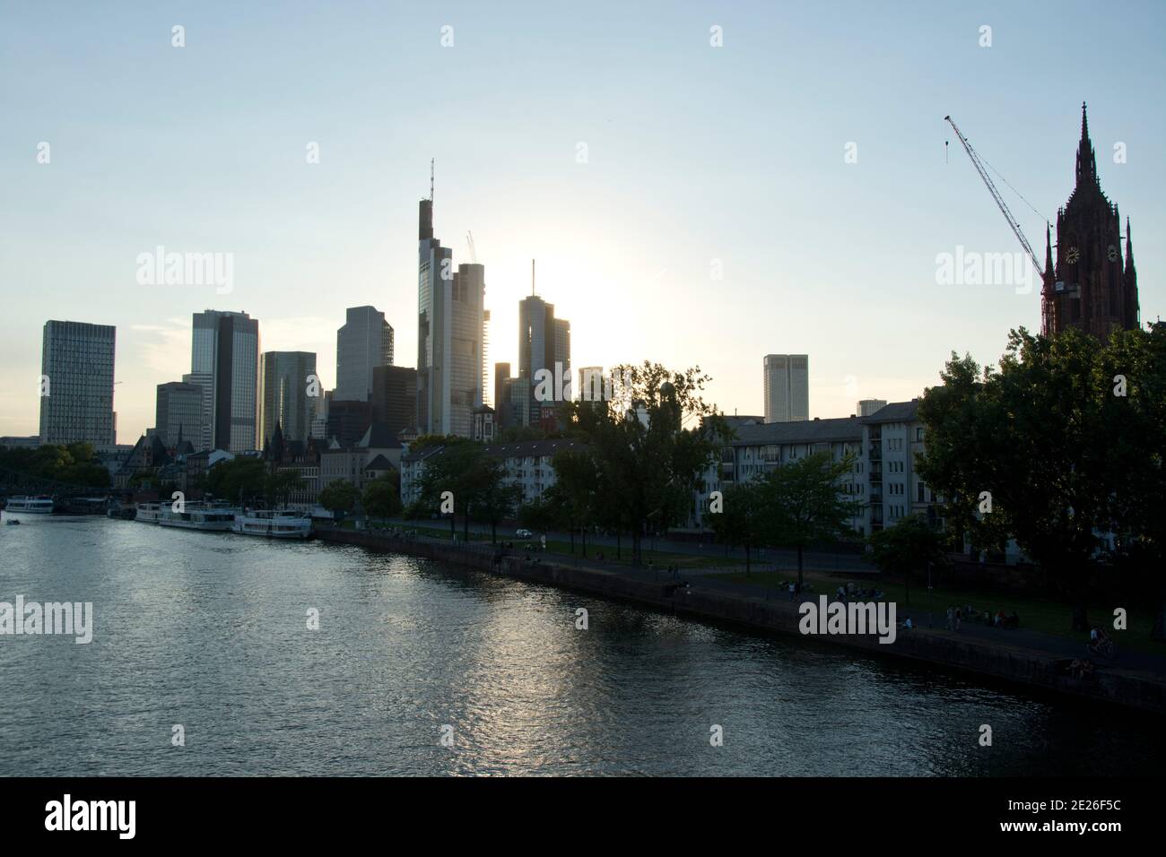 Abendstimmung am Frankfurter Main mit der Skyline im Hintergrund Stock Photo