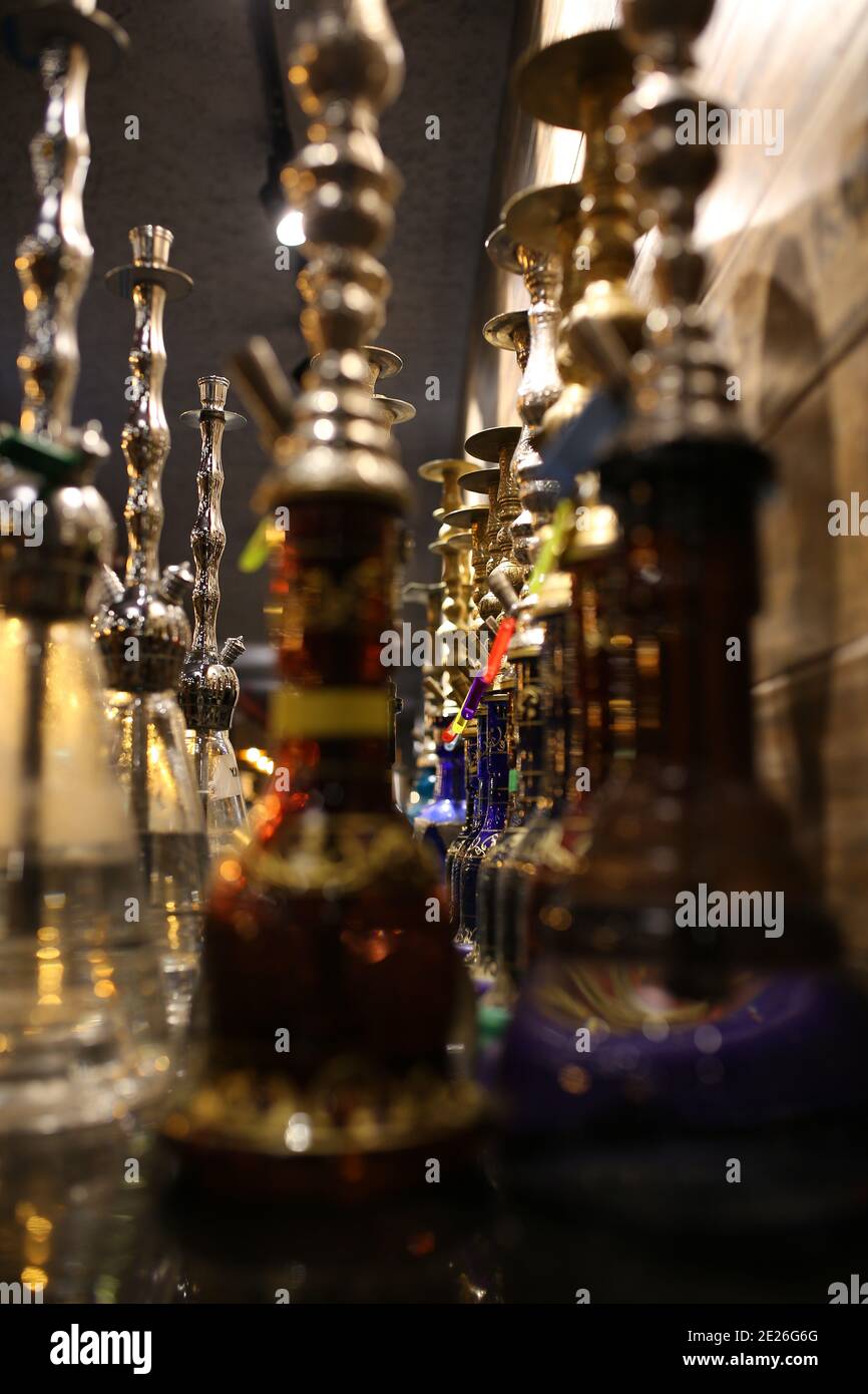Turkish hookah in the cafe. Turkish waterpipes. ottoman waterpipes Stock Photo