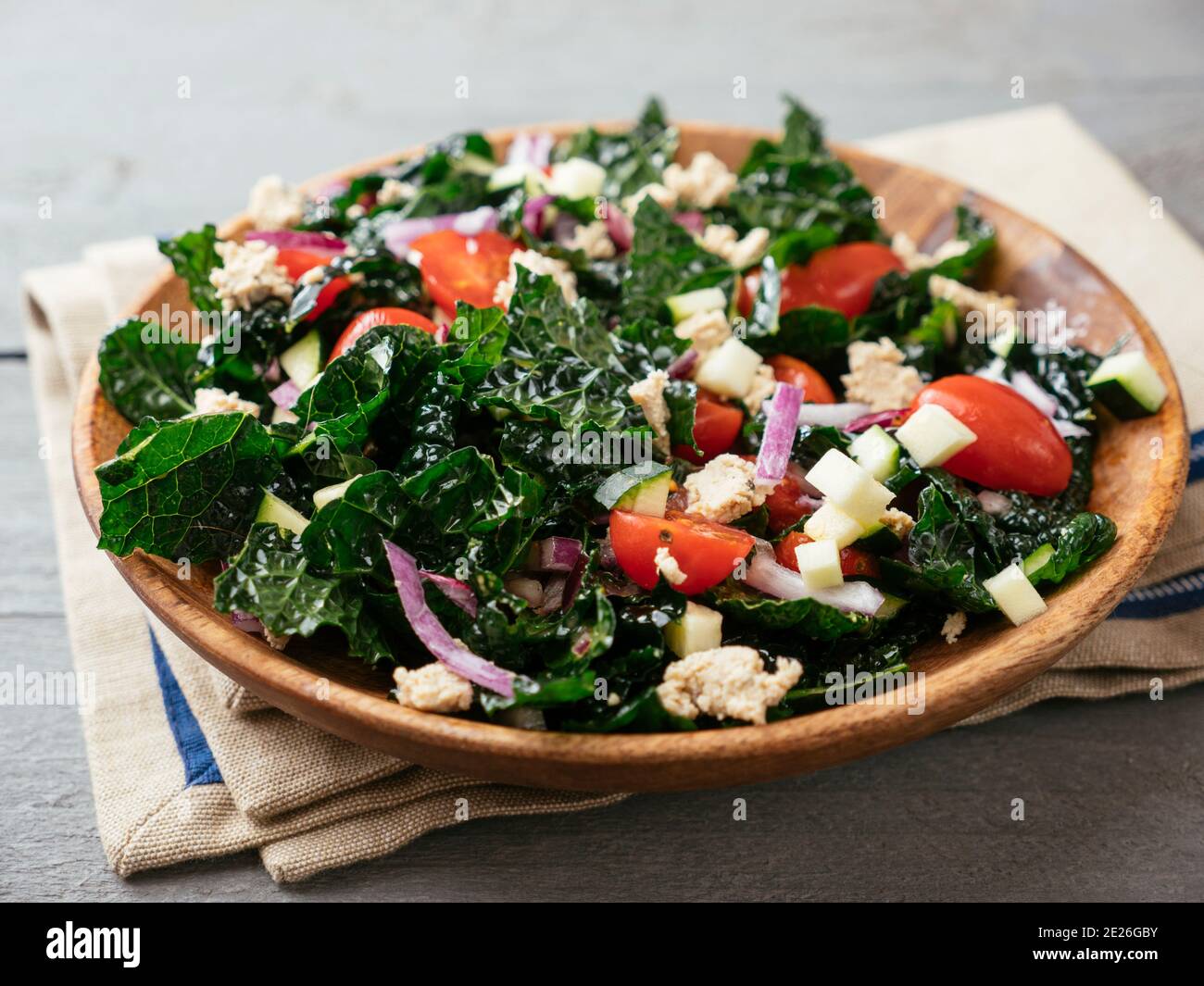 Homemade Greek style kale salad with home made vegan feta Stock Photo