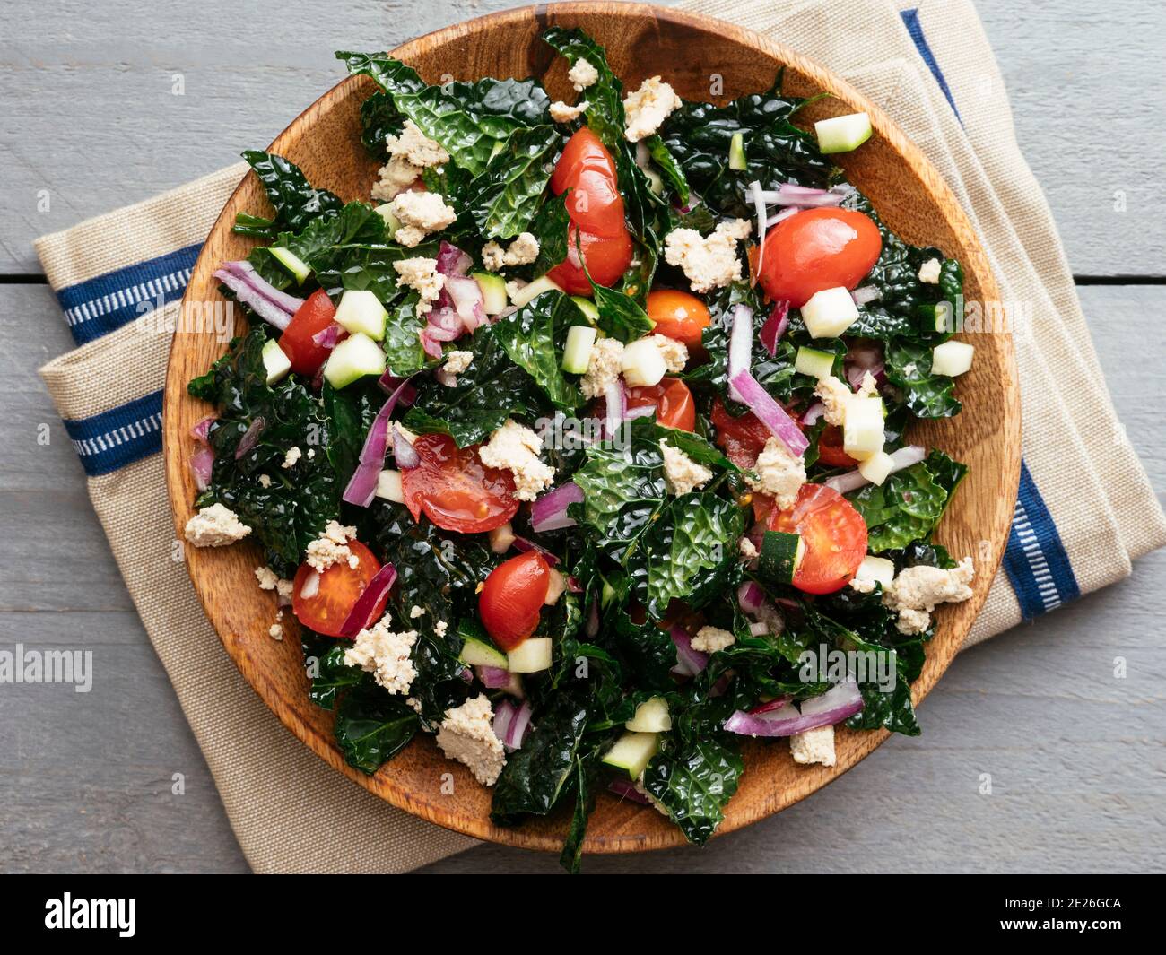 Homemade Greek style kale salad with home made vegan feta Stock Photo