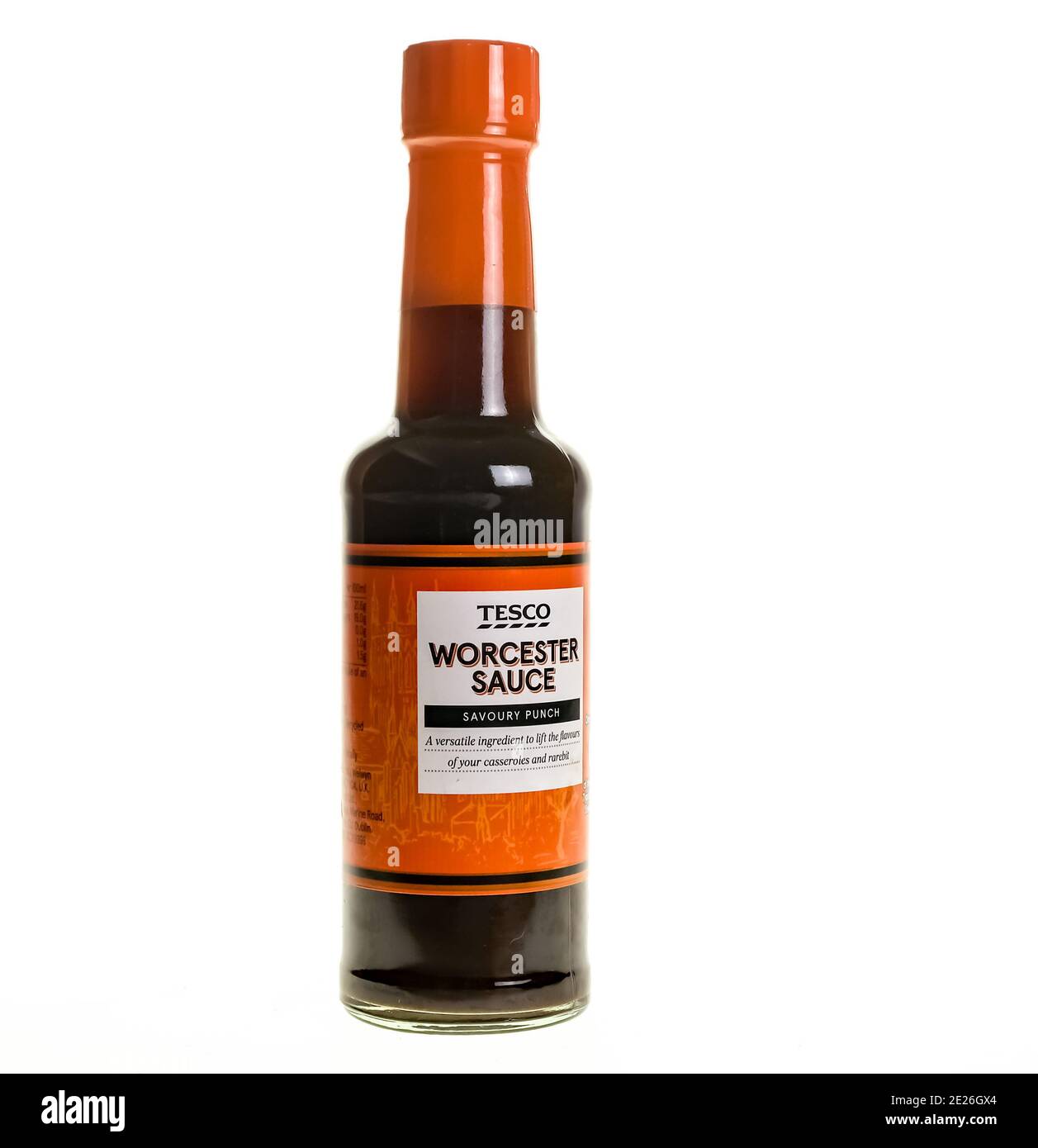 Norwich, Norfolk, UK – December 20 2020. An illustrative photo of a glass bottle of Tesco branded Worcester sauce on a plain white background Stock Photo