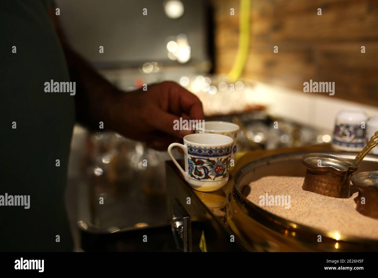 turkish coffee cups. Turkish coffee is cooked in the sand Stock Photo
