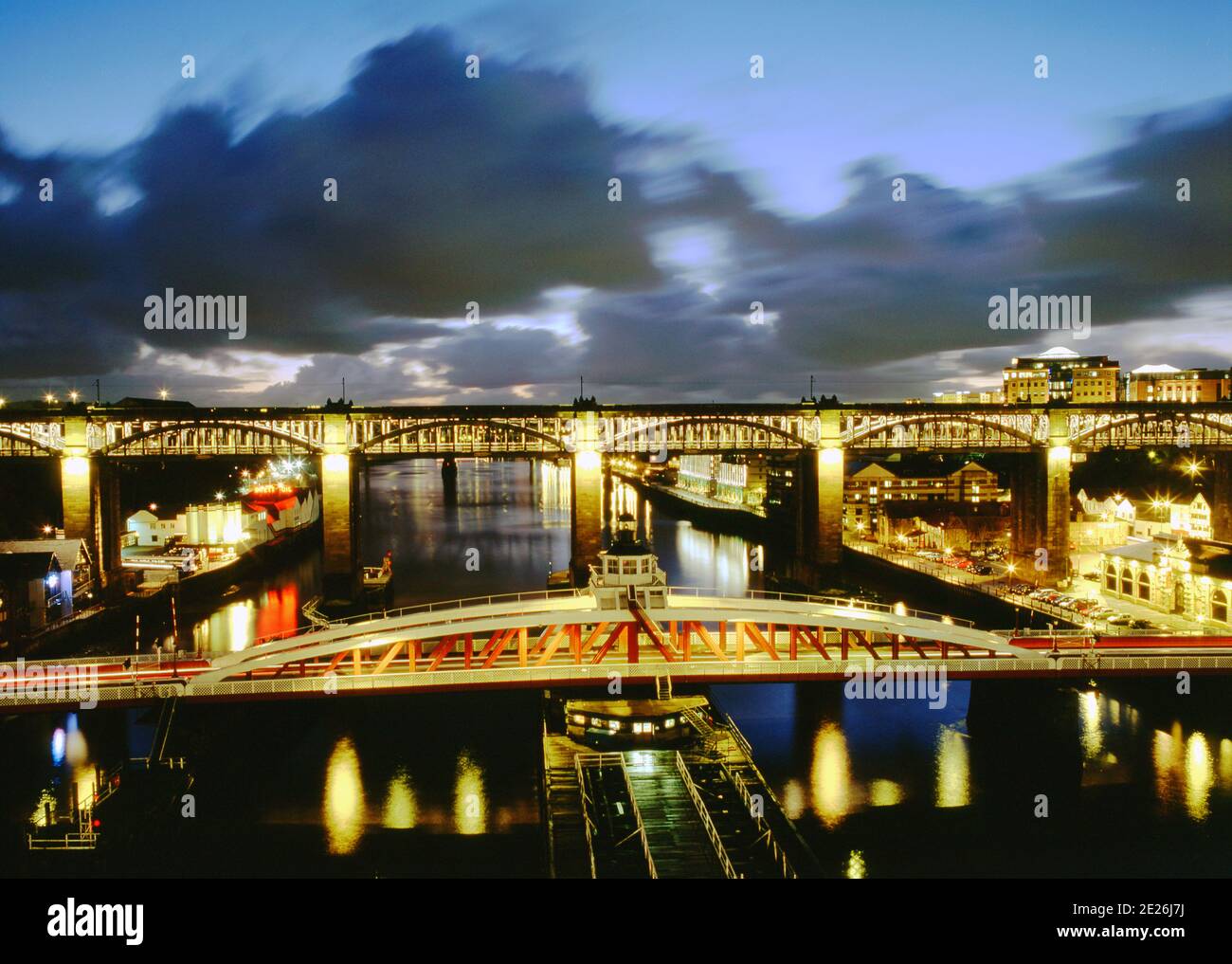 Swing Bridge and High Level Bridge at Night, Newcastle upon Tyne, England Stock Photo