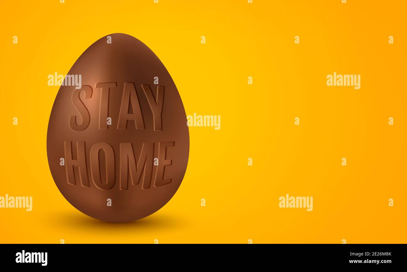 Chocolate egg for Easter with text stay home. Illustration of a Chocolate egg with text stay home for Easter. Egg on yellow background. Stock Photo