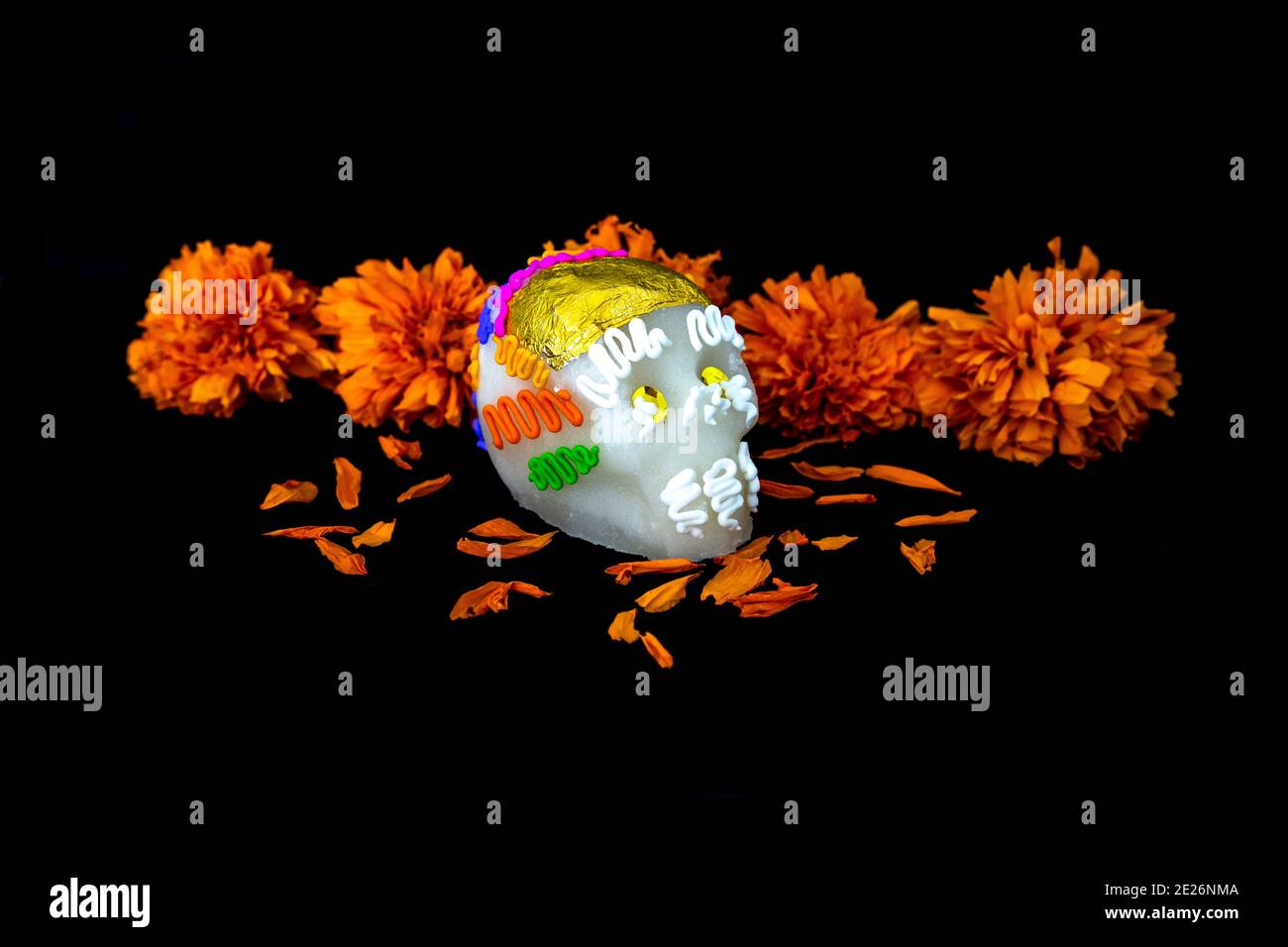 Sugar skull and cempasuchil flowers (for day of the dead, Mexico Stock