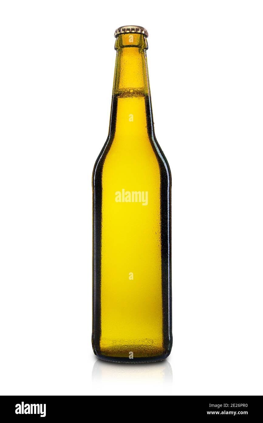 500 ml brown beer bottle with drops isolated on white background with