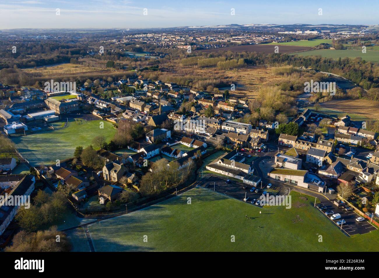 Aerial view of East Calder village centre, West Lothian, Scotland. Stock Photo