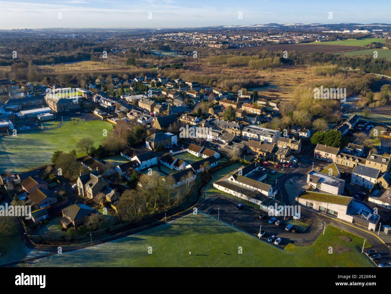 Aerial view of East Calder village centre, West Lothian, Scotland. Stock Photo