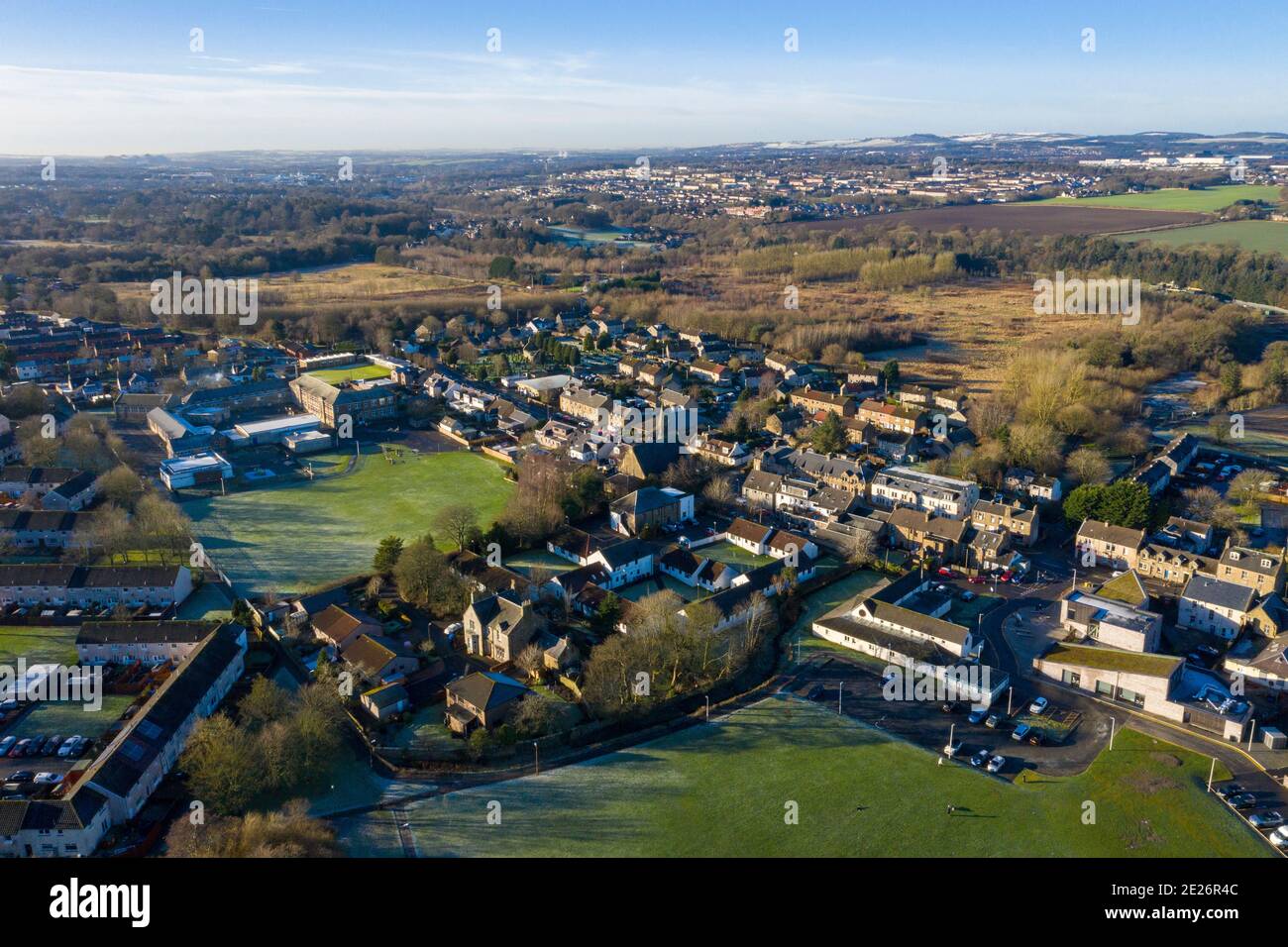 Aerial view of East Calder village centre, West Lothian, Scotland Stock