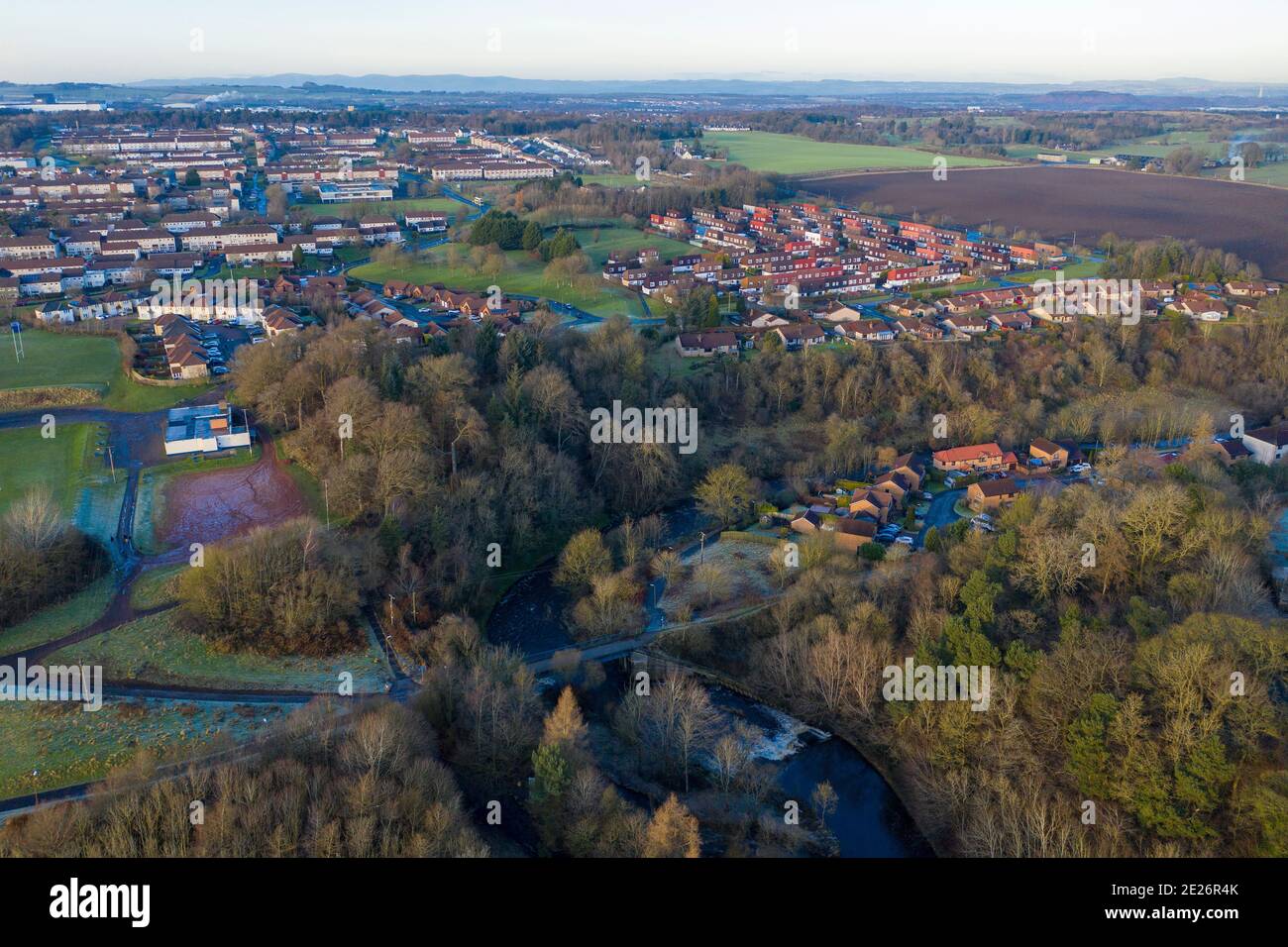Aerial view of the River Almond between Mid Calder and Criagshill, Livingston, West Lothian. Stock Photo