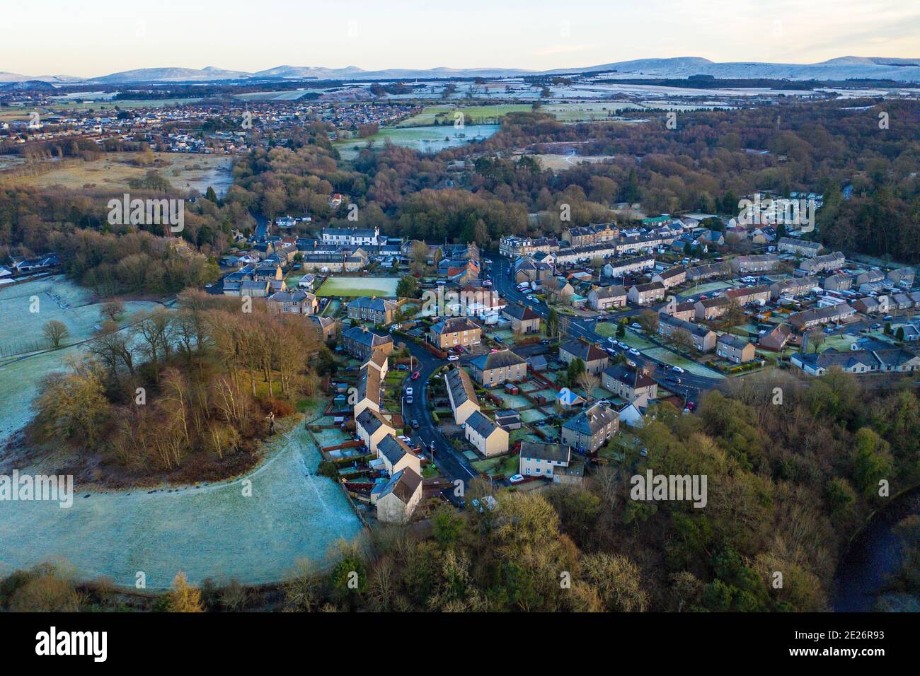 Aerial view of Mid Calder village, West Lothian, Scotland Stock Photo