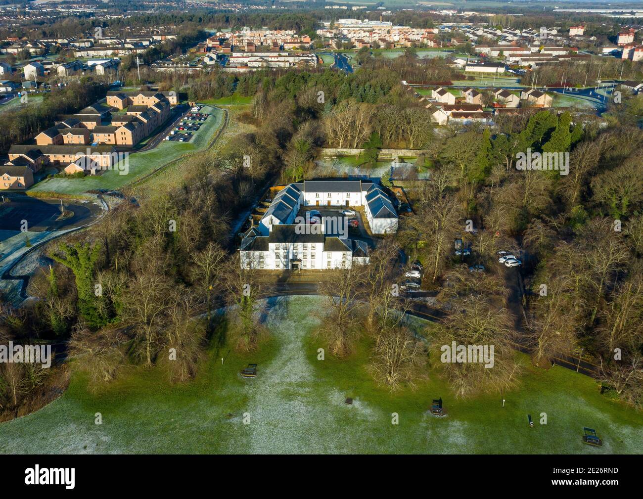 Aerial view of the Howden Park Centre, West Lothian's leading arts and entertainment venue situated in Livingston. Stock Photo
