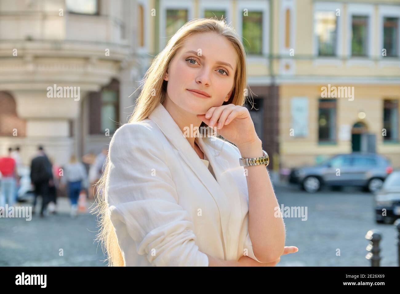 Outdoor portrait of young successful smiling business woman Stock Photo ...