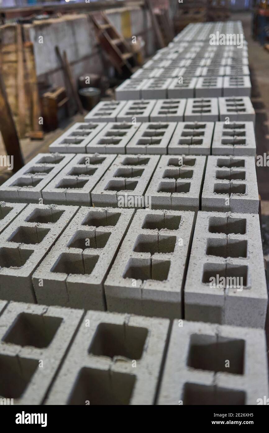 Industrial production of building materials from pressed cement mortar. High quality hollow