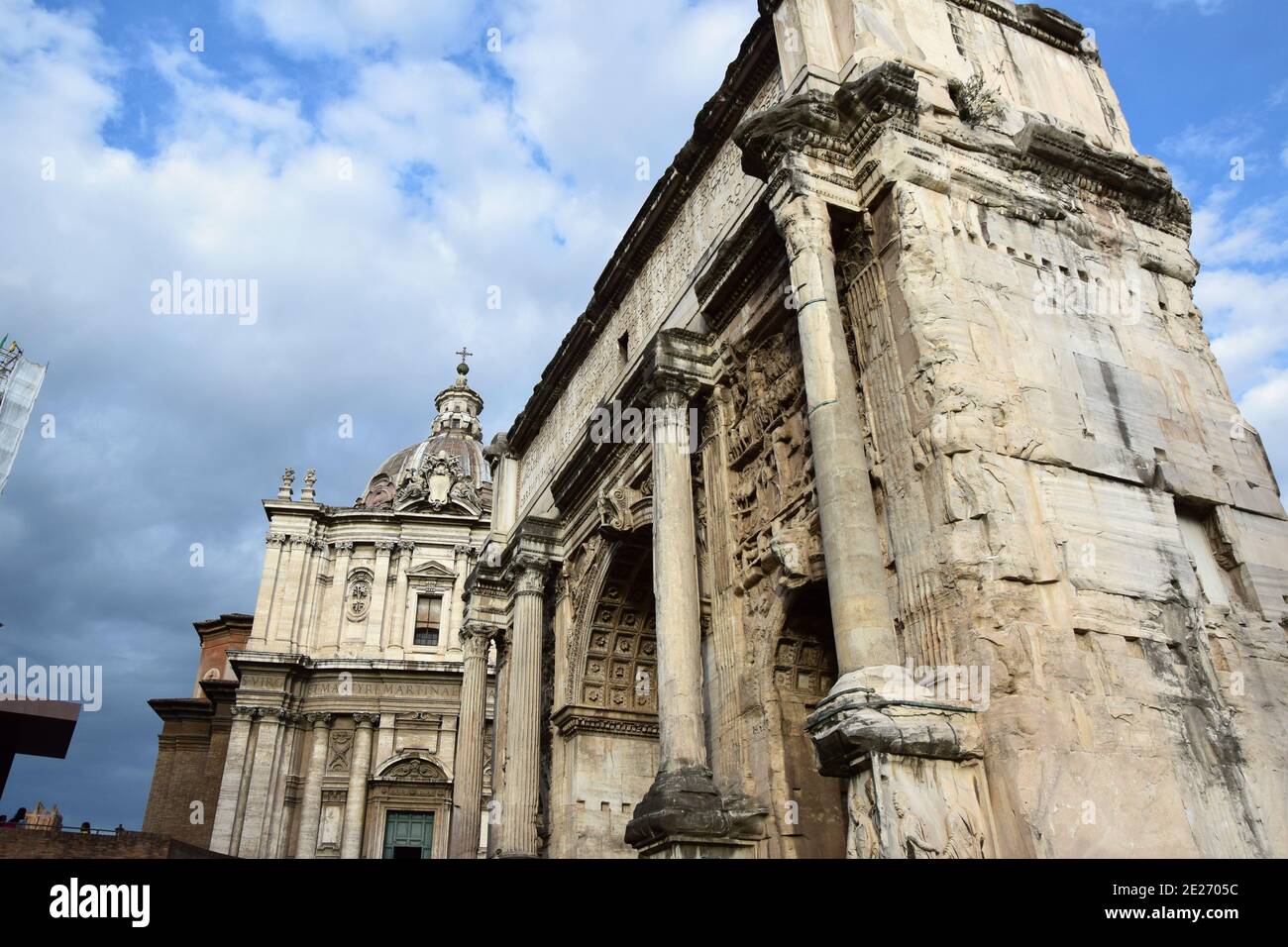 Arch of Septimius Severus, Chiesa di San Guiseppe dei Falegnami and Column of Phoca - Roman Forum in Rome, Italy Stock Photo