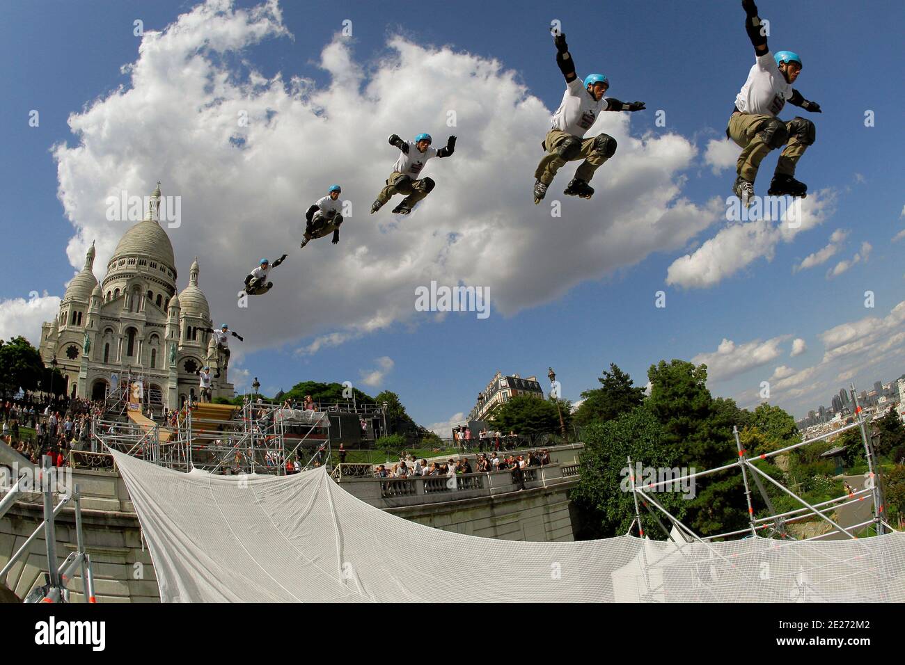 World roller champion Taig Khris during a training session at the Sacre  Coeur in Paris, France on July 1, 2011. Taig Khris will try to break the  long jump world record from