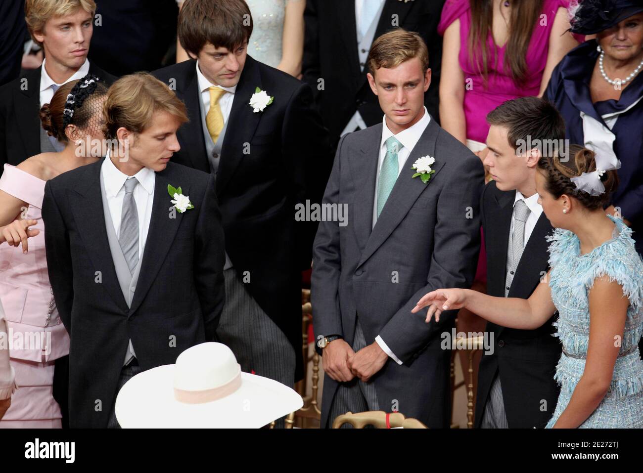 Princess Charlotte Casiraghi, Prince Andrea Casiraghi, Prince Pierre Casiraghi, Louis Ducruet and Pauline Ducruet attend the wedding of Prince Albert II of Monaco and Charlene Wittstock in the Cour d’Honneur in the Palace, Monte Carlo, Monaco, on July 02, 2011. Photo by Frederic Nebinger/ABACAPRESS.COM Stock Photo