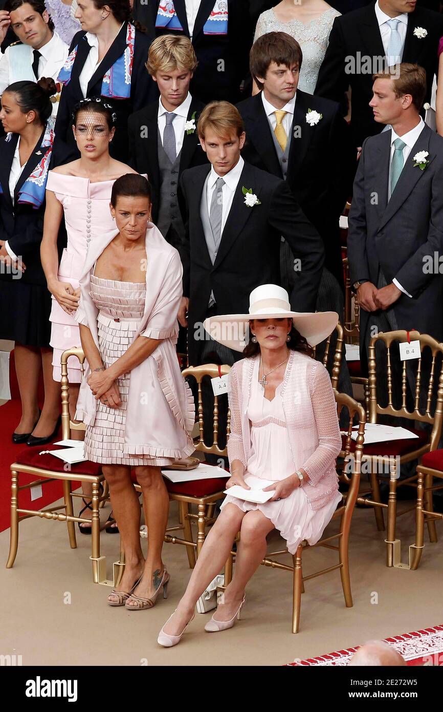 Charlotte Casiraghi, Andrea Casiraghi, Pierre Casiraghi, Pauline Ducruet, Prince Stephanie of Monaco, Princess Caroline of Hanover during the religious wedding ceremony of Prince Abert II of Monaco and Charlene Wittstock held in the main courtyard of the Prince's Palace in Monaco on July 2, 2011. Photo by Frederic Nebinger/ABACAPRESS.COM Stock Photo