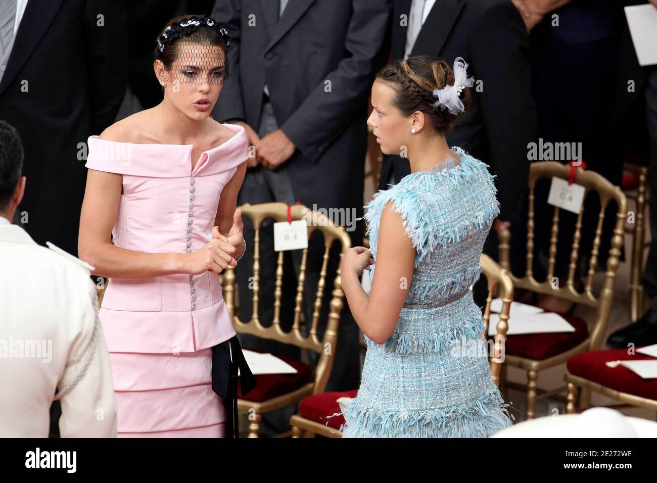 Princess Charlotte Casiraghi and Pauline Ducruet attend the wedding of Prince Albert II of Monaco and Charlene Wittstock in the Cour d’Honneur in the Palace, Monte Carlo, Monaco, on July 02, 2011. Photo by Frederic Nebinger/ABACAPRESS.COM Stock Photo