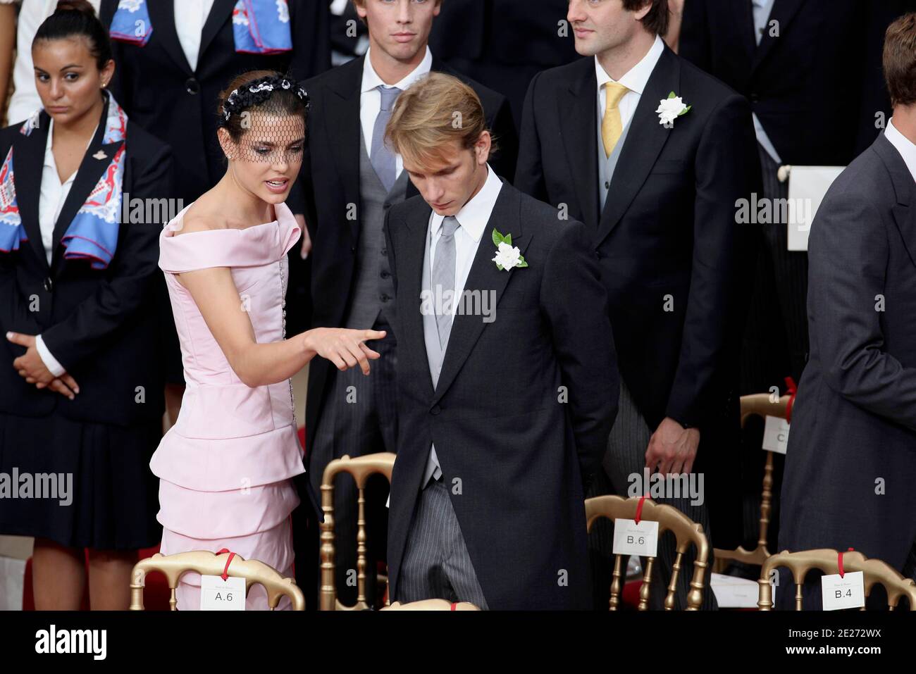 Princess Charlotte Casiraghi and Prince Andrea Casiraghi attend the wedding of Prince Albert II of Monaco and Charlene Wittstock in the Cour d’Honneur in the Palace, Monte Carlo, Monaco, on July 02, 2011. Photo by Frederic Nebinger/ABACAPRESS.COM Stock Photo