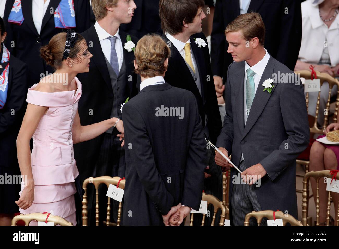 Princess Charlotte Casiraghi, Prince Andrea Casiraghi and Prince Pierre Casiraghi attend the wedding of Prince Albert II of Monaco and Charlene Wittstock in the Cour d’Honneur in the Palace, Monte Carlo, Monaco, on July 02, 2011. Photo by Frederic Nebinger/ABACAPRESS.COM Stock Photo