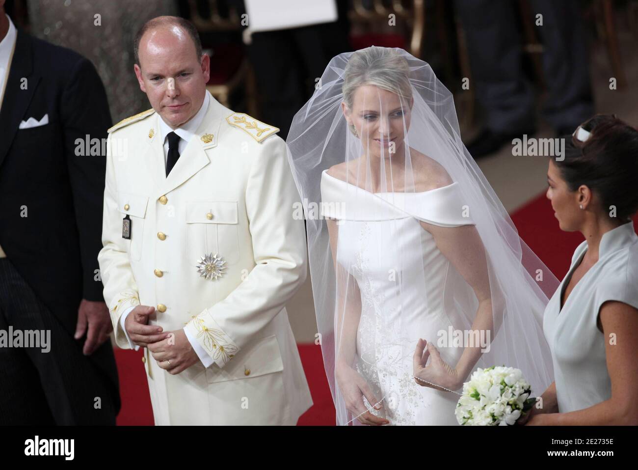 Prince Albert II of Monaco and his wife Princess Charlene pictured near  Donatella Knecht de Massy during their wedding in the Cour d'Honneur in the  Palace, Monte Carlo, Monaco, on July 02,