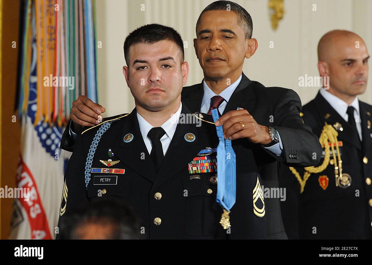 Sergeant First Class Leroy Arthur Petry, U.S. Army, waits to receive his  Medal of Honor from U.S. President Barack Obama for his heroic actions in  Afghanistan in May, 2008, during a ceremony