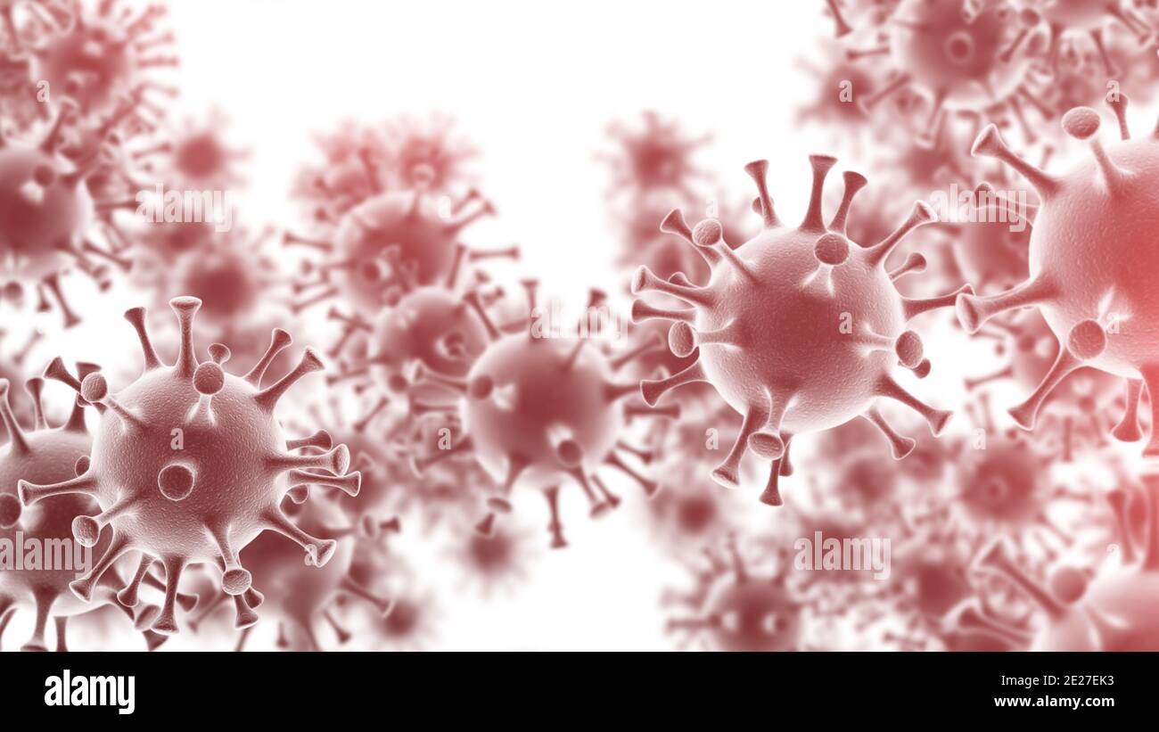 Coronavirus 2019-ncov SARS-CoV-2 flu infection 3D medical illustration. Microscopic view of red influenza virus cells. Covid-19 pandemic background Stock Photo