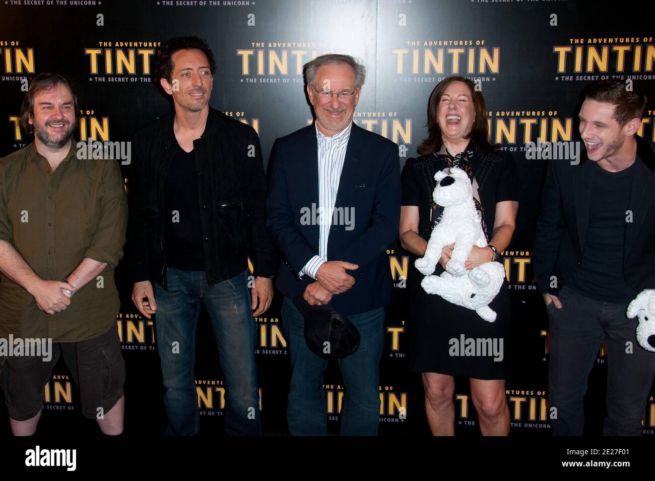 Director Steven Spielberg, Producers Peter Jackson and Kathleen Kennedy, Gad Elmaleh and Jamie Bell attending the french premiere of the movie 'The Adventures of Tintin : Secret of the Unicorn' held at the Royal Monceau Hotel in Paris, France on July 19, 2011. Photo by Nicolas Genin/ABACAPRESS.COM Stock Photo