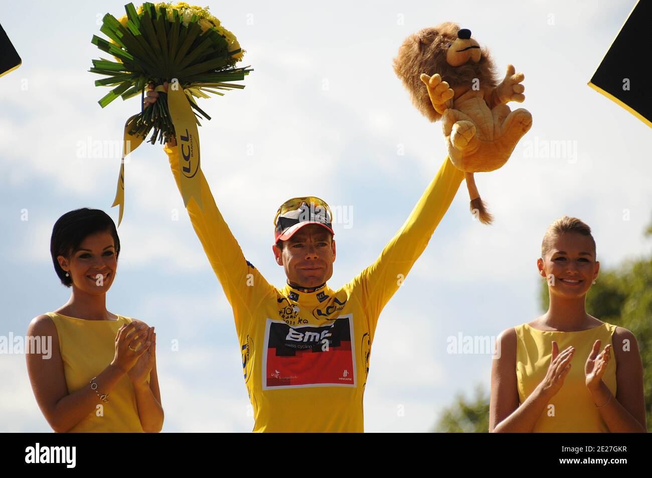 Cadel Evans of team BMC celebrates on the podium after winning the 2011 Tour de France celebrates on the podium after the 21st and final stage of the 98th Le Tour de France cycling race between Creteil and Paris, on the Champs Elysees, in Paris, France on July 24, 2011. Photo by Giancarlo Gorassini/ABACAPRESS.COM Stock Photo