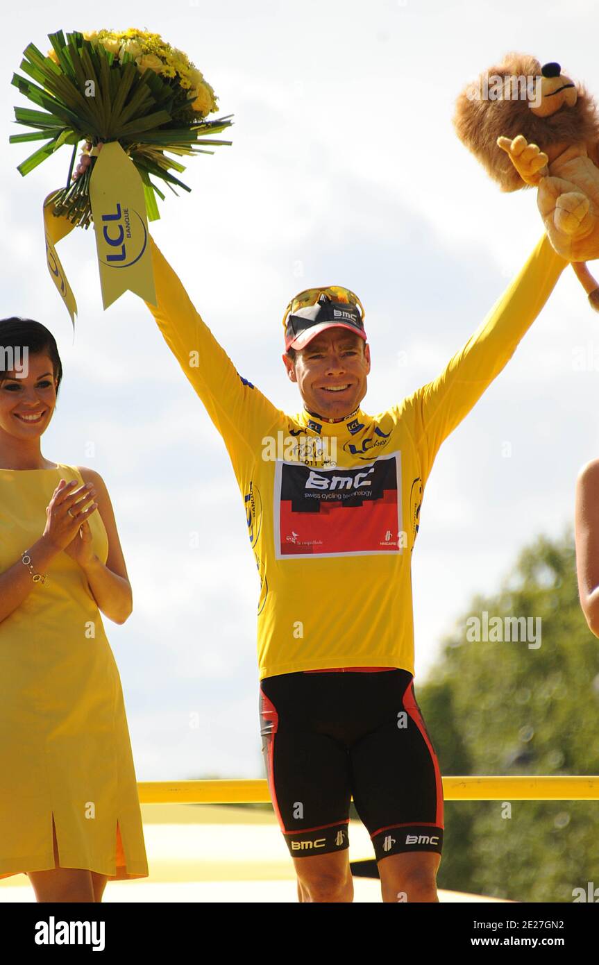 Cadel Evans of team BMC celebrates on the podium after winning the 2011 Tour de France celebrates on the podium after the 21st and final stage of the 98th Le Tour de France cycling race between Creteil and Paris, on the Champs Elysees, in Paris, France on July 24, 2011. Photo by Giancarlo Gorassini/ABACAPRESS.COM Stock Photo