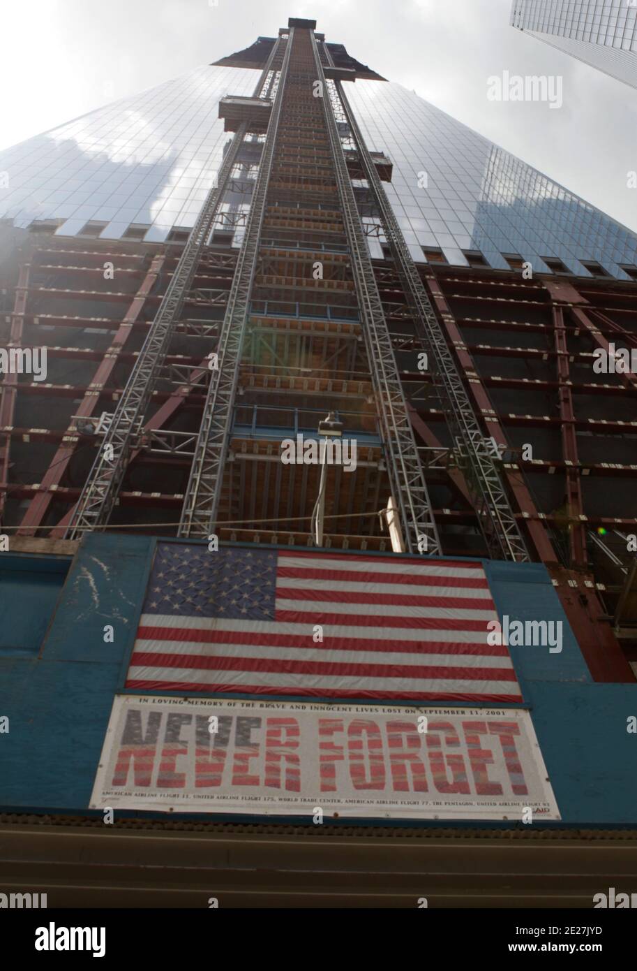 The 9/11 Memorial Pools are tested with water by construction workers  during the New York Foreign Press International journalists' visit to  Ground Zero, New York City, NY, USA on August 4, 2011.