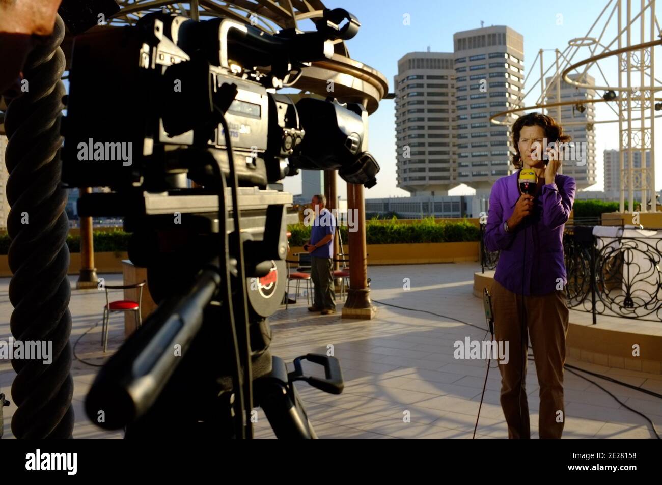 German journalist Antonia Rados during a live television report from hotel Corinthia in Tripoli, Libya, on August 26, 2011. Photo by Ammar Abd Rabbo/ABACAPRESS.COM Stock Photo