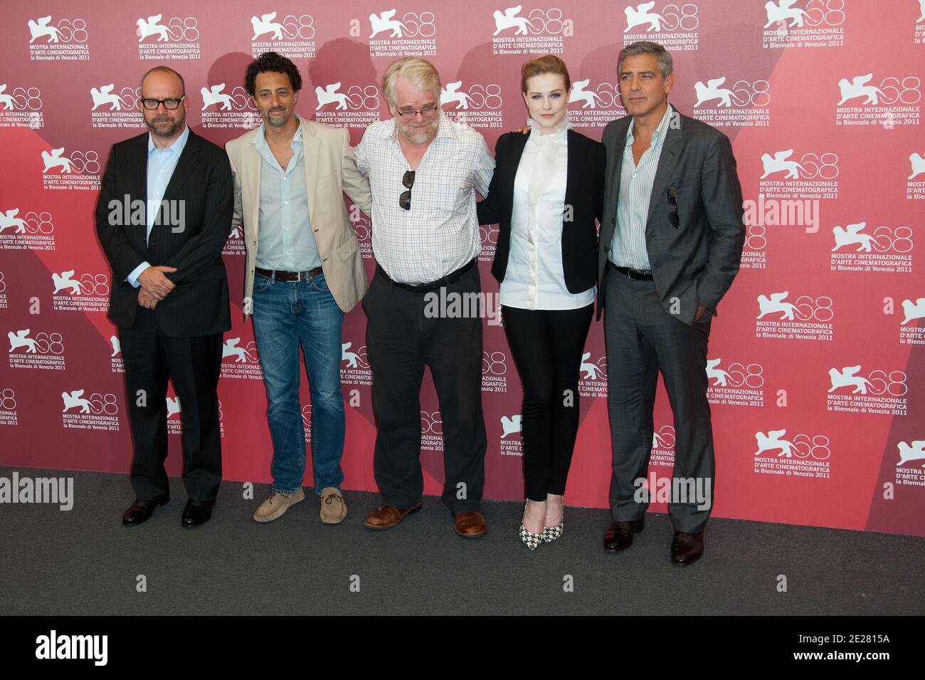 (L-R) Paul Giamatti, Grant Heslov, Philip Seymour Hoffman, Evan Rachel Wood and director and actor George Clooney attending the 'The Ides of March' Photocall during the 68th International Venice Film Festival Mostra held at the Casino in Venice, Italy on August 31, 2011. Photo by Nicolas Genin/ABACAPRESS.COM Stock Photo