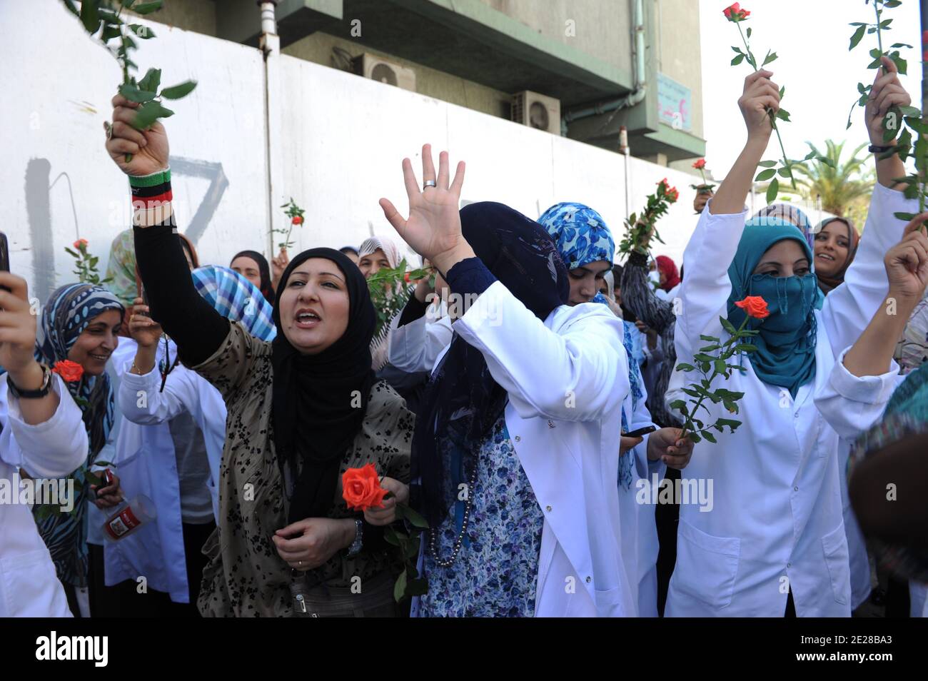 Libyan doctors and nurses from the Children Hospital celebrate their new colors, nearly 3 weeks