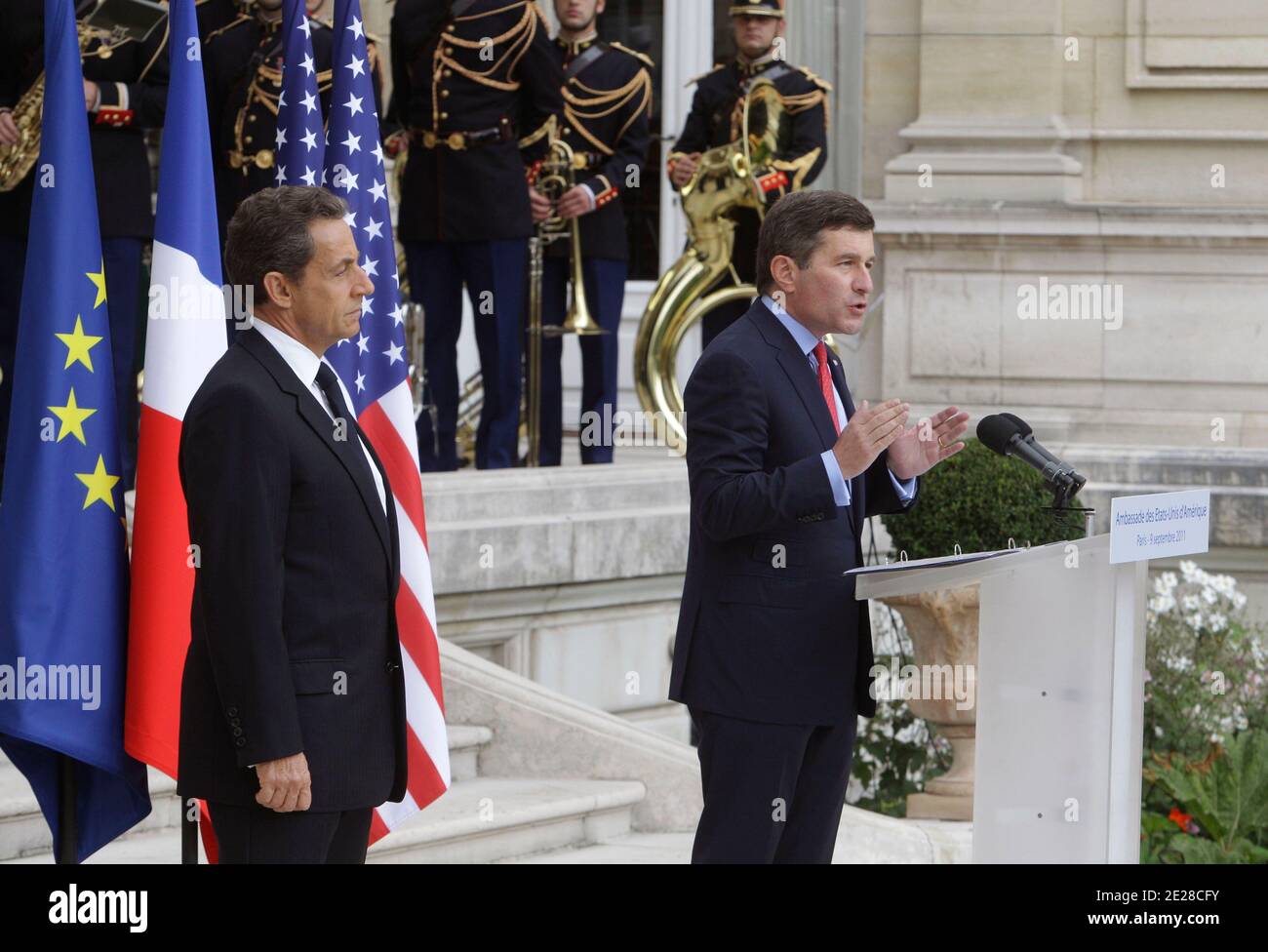 U.S. Ambassador Charles Rivkin gestures, as he speaks, while French President Nicolas Sarkozy, stands next to him during a ceremony at the U.S. Embassy in Paris, France on September 9, 2011, ahead of the 10-year anniversary of the attacks on Sunday. Photo by Michel Euler/Pool/ABACAPRESS.COM Stock Photo