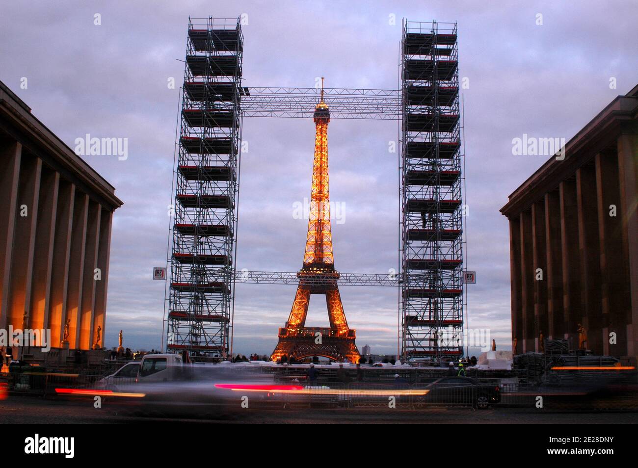 A replica of the Twin Towers is being built on Trocadero Square in front of the Eiffel Tower in Paris, France on September 9, 2011 to mark the 10th anniversary of the attacks in New York City. Photo by Alain Apaydin/ABACAPRESS.COM Stock Photo