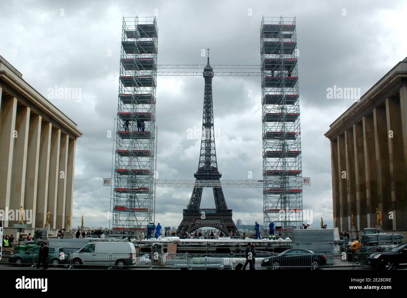 A replica of the Twin Towers is being built on Trocadero Square in front of the Eiffel Tower in Paris, France on September 9, 2011 to mark the 10th anniversary of the attacks in New York City. Photo by Alain Apaydin/ABACAPRESS.COM Stock Photo