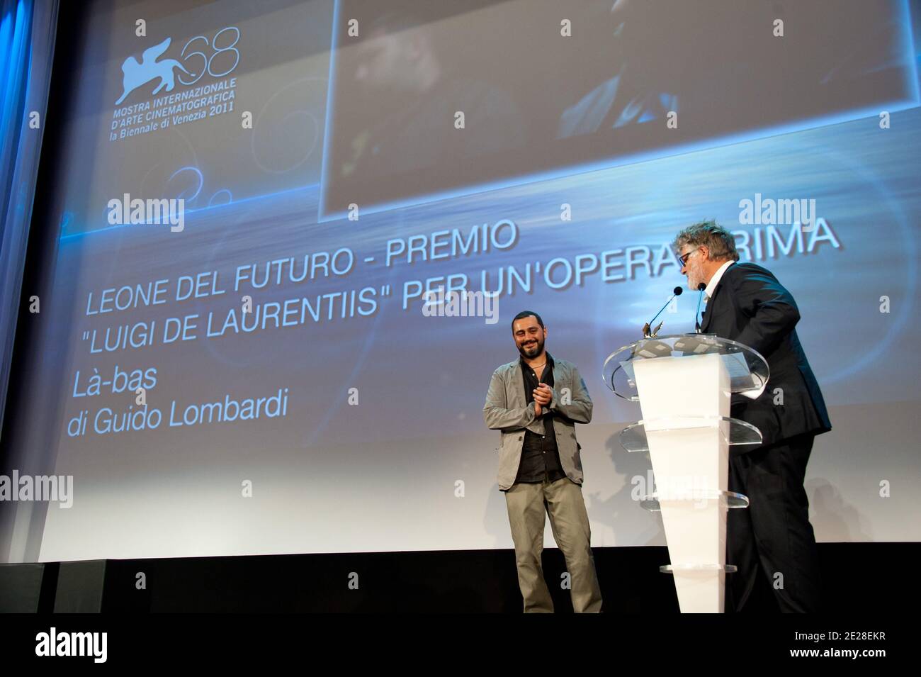 Guido Lombardi of 'La Bas. A Criminal Education' accepts Lion of the Future 'Luigi De Laurentiis' Venice Award For A Debut Film during the Closing Ceremony during the 68th Venice Film Festival at Palazzo del Cinema on September 10, 2011 in Venice, Italy. Photo by Nicolas Genin/ABACAPRESS.COM Stock Photo