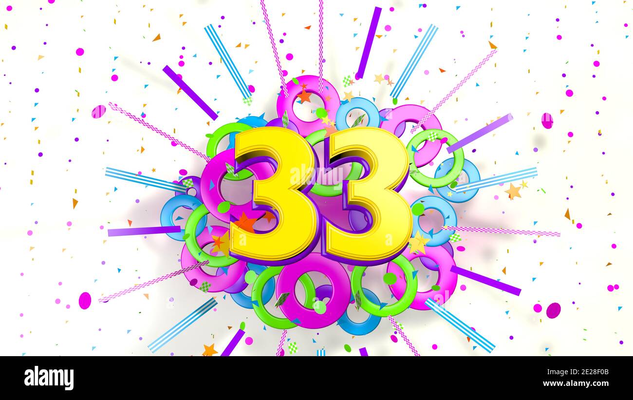 Number 33 for promotion, birthday or anniversary on an explosion of confetti, stars, lines and circles of purple, blue, yellow, red and green colors o Stock Photo