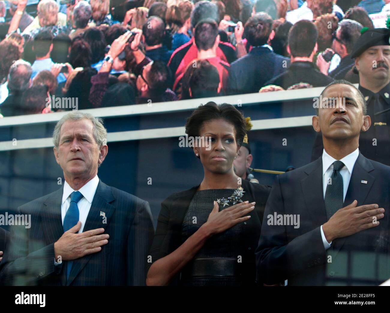 (left to right) Laura Bush, former president Geowge W. Bush; Michelle Obama and President Barack during tenth anniversary ceremonies at the site of the World Trade Center September 11, 2011, in New York. POOL/Noah K. Murray/The Star-Ledger Photo pool/ABACAPRESS.COM Stock Photo
