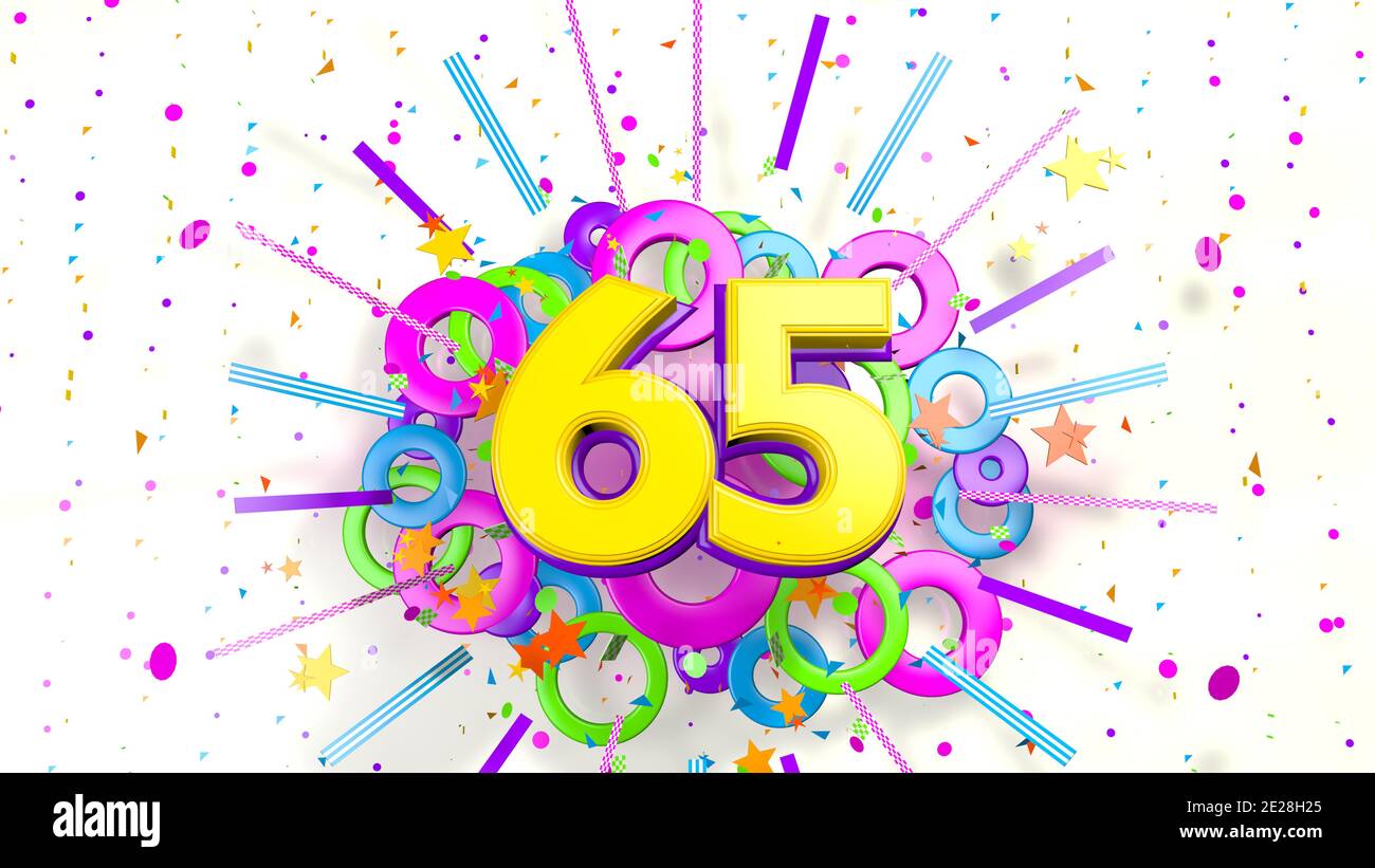 Number 65 for promotion, birthday or anniversary on an explosion of confetti, stars, lines and circles of purple, blue, yellow, red and green colors o Stock Photo