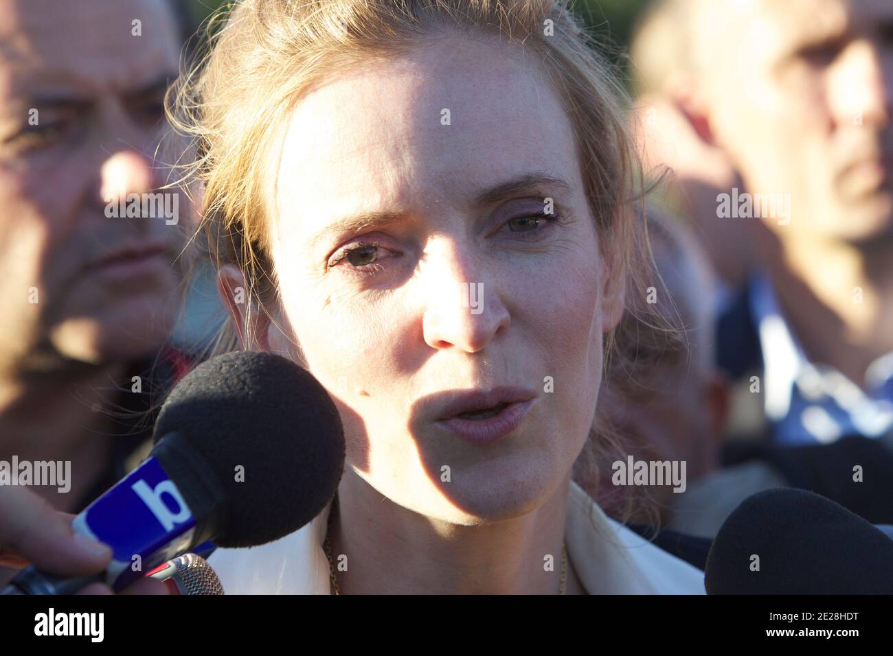 French Minister for Ecology Nathalie Kosciusko-Morizet speaks to the press after her visit at the Marcoule Nuclear Plant in Marcoule, France, on September 12, 2011. An investigation is underway to find the cause of an explosion which occurred at 11:45am killing one person and injuring four others, one seriously. EDF and the French Nuclear Safety Authority have both declared there were no radioactive leaks. Photo by Patrice Coppee/ABACAPRESS.COM Stock Photo