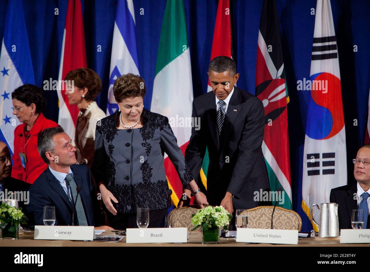 U.S. President Barack Obama, pulls out a chair for Dilma Rousseff, Brazil's president during the United Nations General Assembly in New York City, NY, USA, on September 20, 2011. Photo by Allan Tannenbaum/Pool/ABACAPRESS.COM Stock Photo