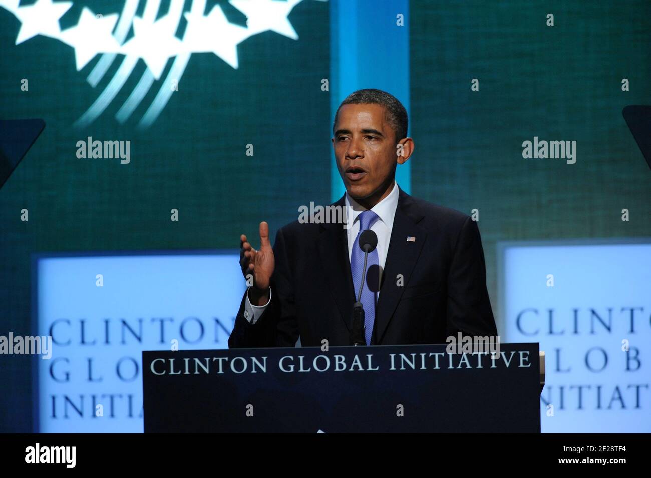 President Barack Obama during the Clinton Global Initiative 2011 Annual Meeting Plenary Session on Sustainable Consumption: Redefining Business as Usual, held at the Sheraton New York Hotel and Towers in New York City, Wednesday, September 21, 2011. Photo by Graylock/ABACAPRESS.COM Stock Photo