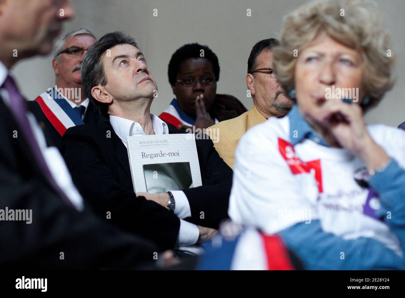 Front de Gauche candidate Jean-Luc Melenchon and Maya Surdut attend during a press conference next to a gathering of the personal of the maternity of the Lilas for the maintenance and the rebuilding the maternity, in Les Lilas, suburbs of Paris, France on September 24, 2011. Photo by Stephane Lemouton/ABACAPRESS.COM Stock Photo